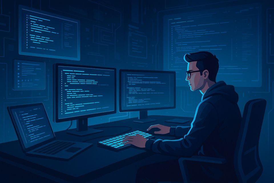 A software engineer working across several connected screens